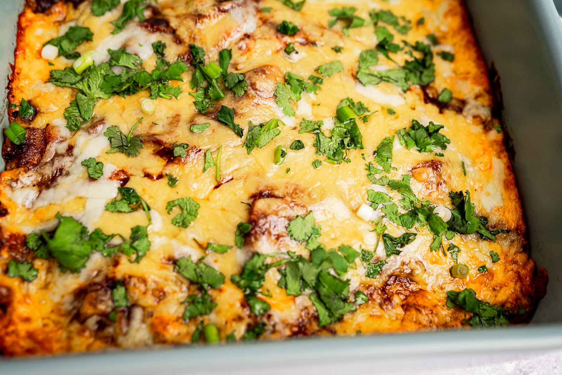 Cheese enchiladas casserole with a cheesy, golden-brown topping, garnished with chopped fresh herbs in a rectangular baking dish.