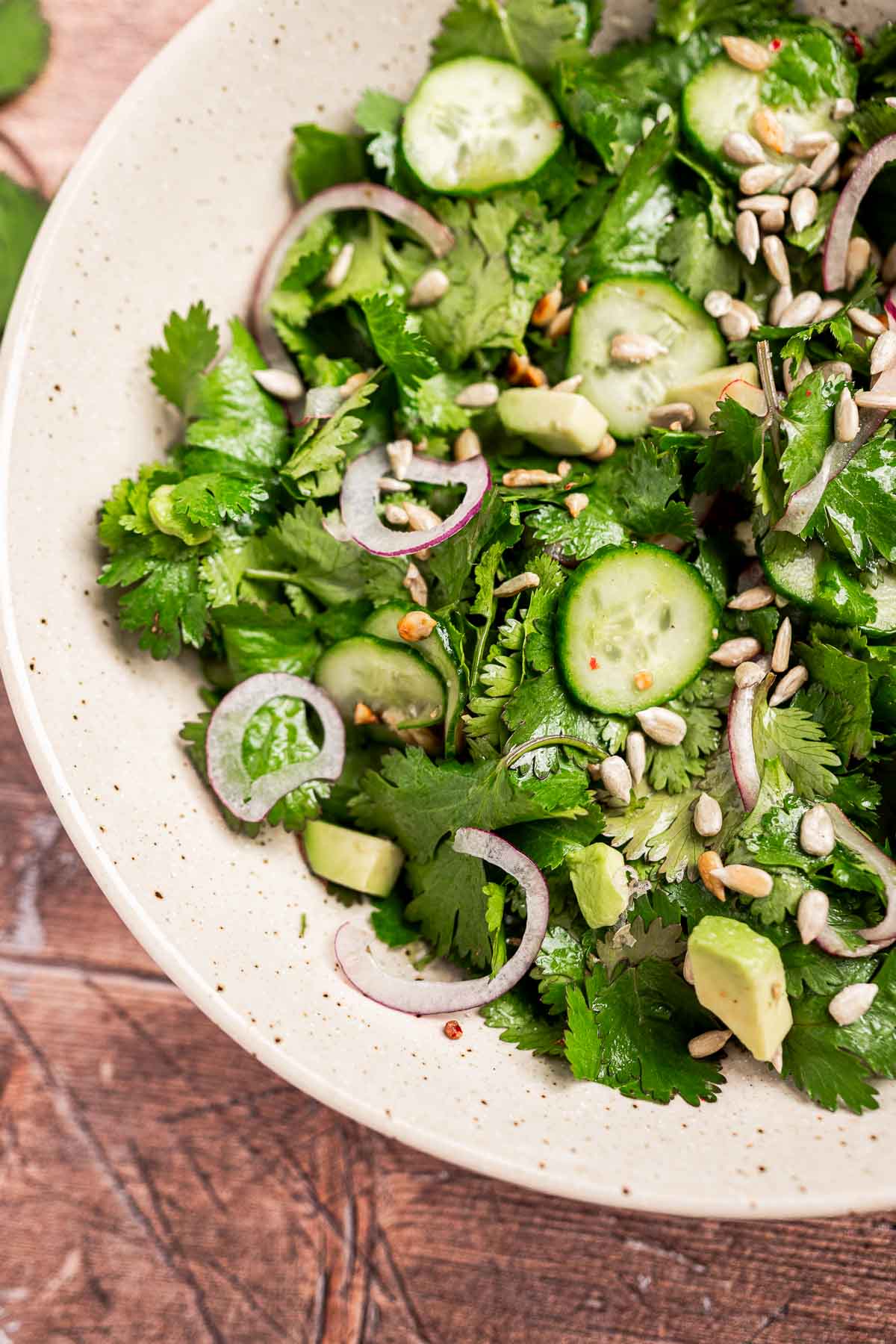 A bowl of cilantro salad with sliced cucumbers, red onion, avocado, and sunflower seeds rests invitingly on a wooden surface.