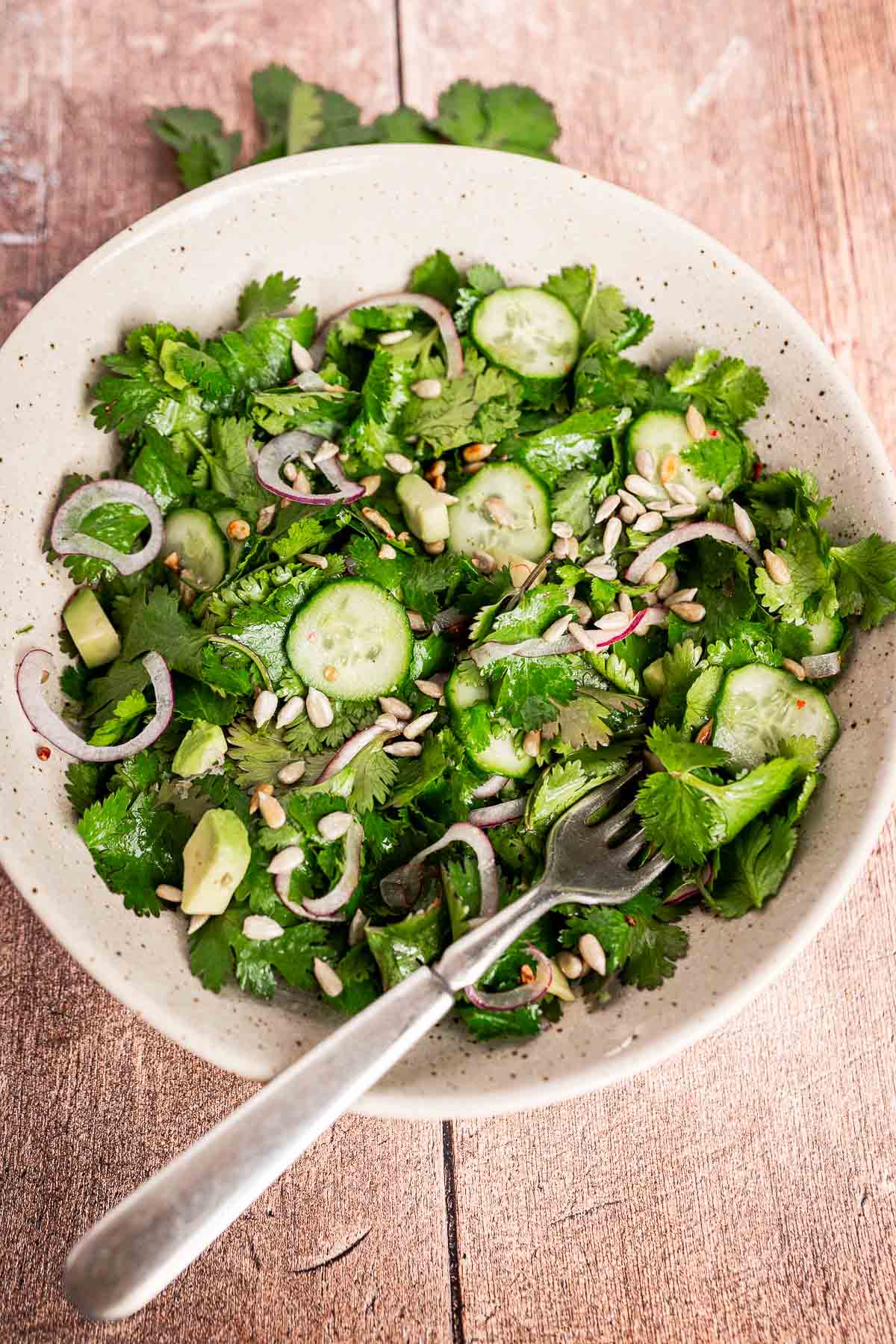 A vibrant cilantro salad sits in a bowl, featuring crisp cucumber slices, zesty red onion, creamy avocado, and crunchy sunflower seeds, all ready to be savored with a fork on a rustic wooden surface.