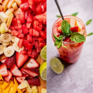 Chopped fruit, featuring watermelon, bananas, and strawberries, on the left; a refreshing tizana with mint leaves and a straw on the right, complemented by vibrant lime slices.