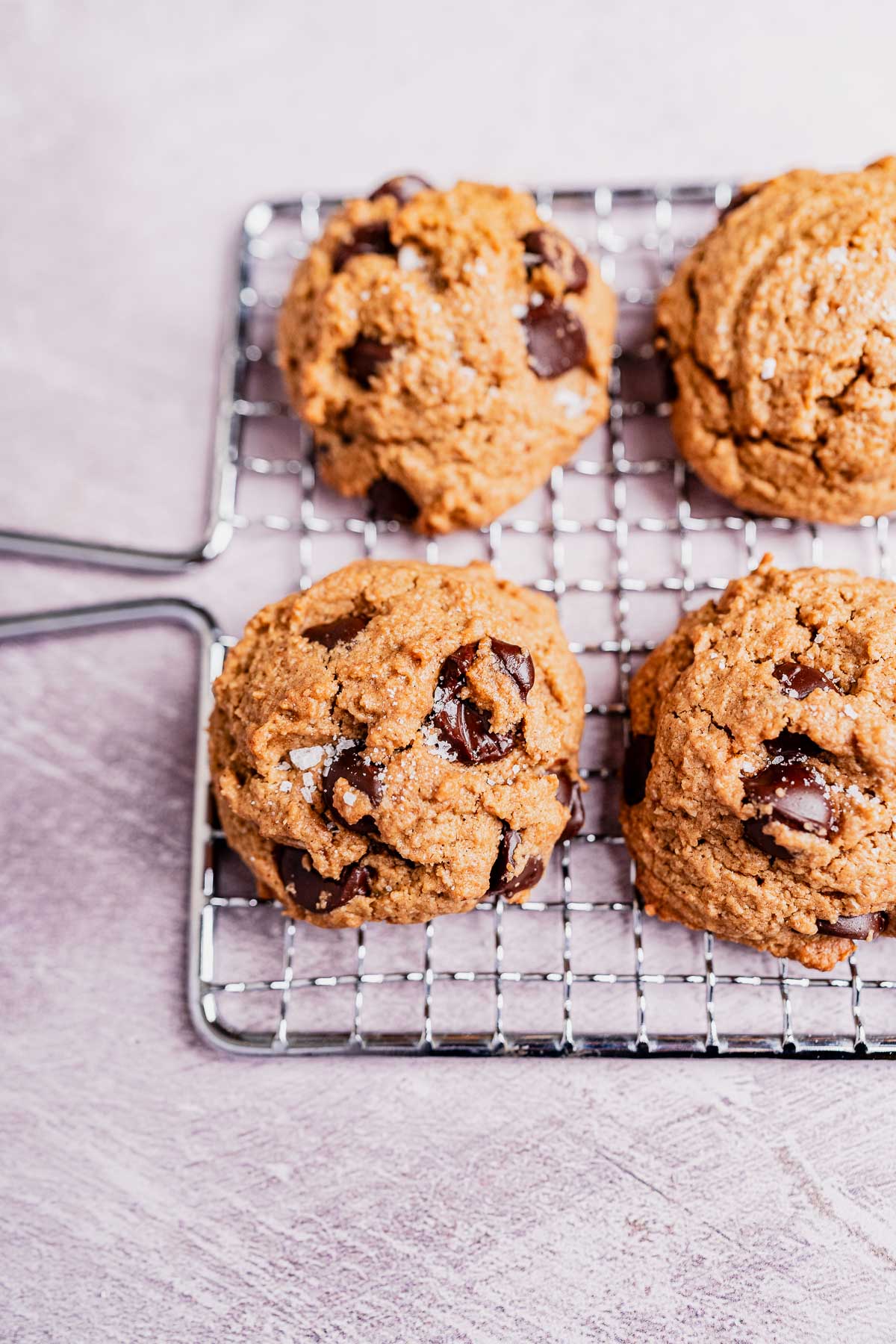 Four oat flour chocolate chip cookies rest perfectly on a cooling rack, their warm scent tempting all who pass by.