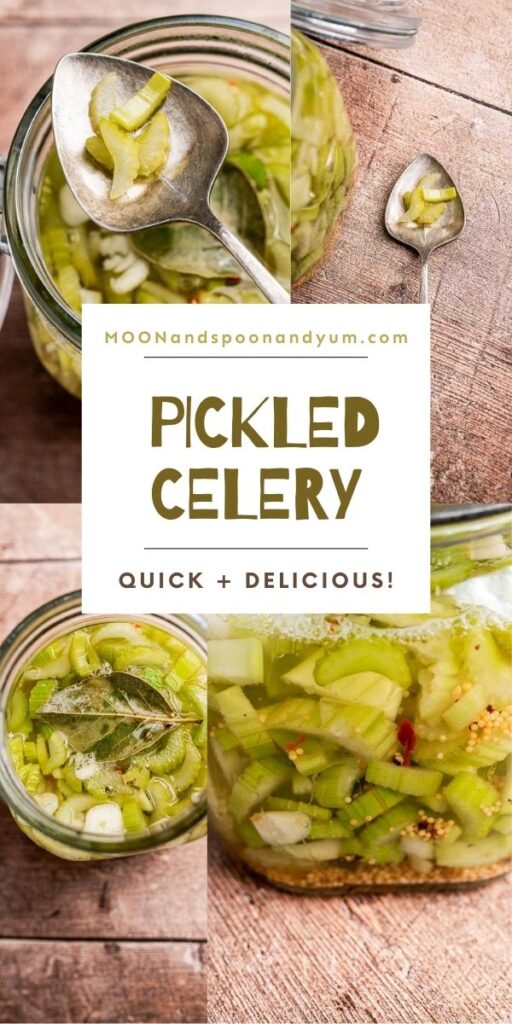 A jar of pickled celery with spices rests on a wooden surface, accompanied by a spoonful of zesty pickled celery pieces and a label that reads “Pickled Celery: Quick + Delicious!”.
