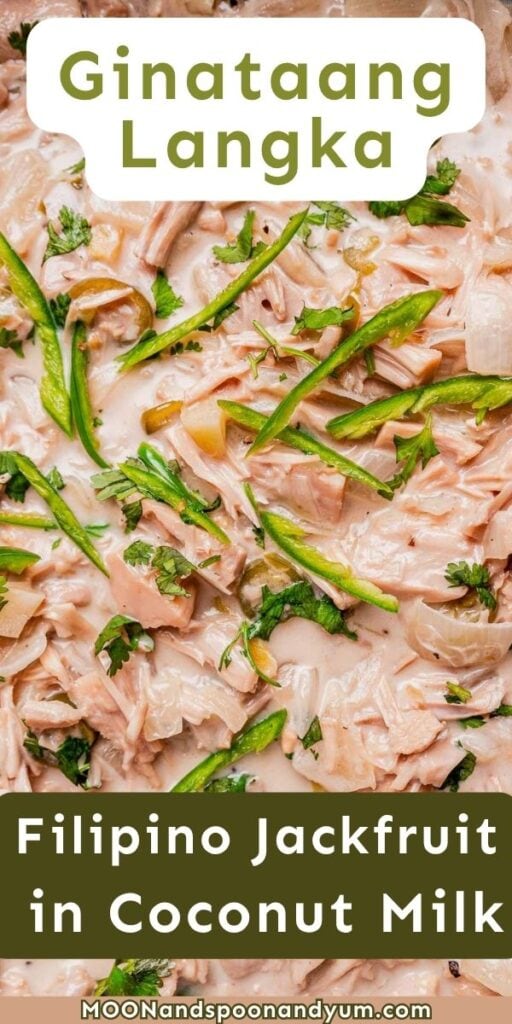 Close-up of ginataang langka, a Filipino dish made with jackfruit simmered in creamy coconut milk, green chili, and fresh herbs.