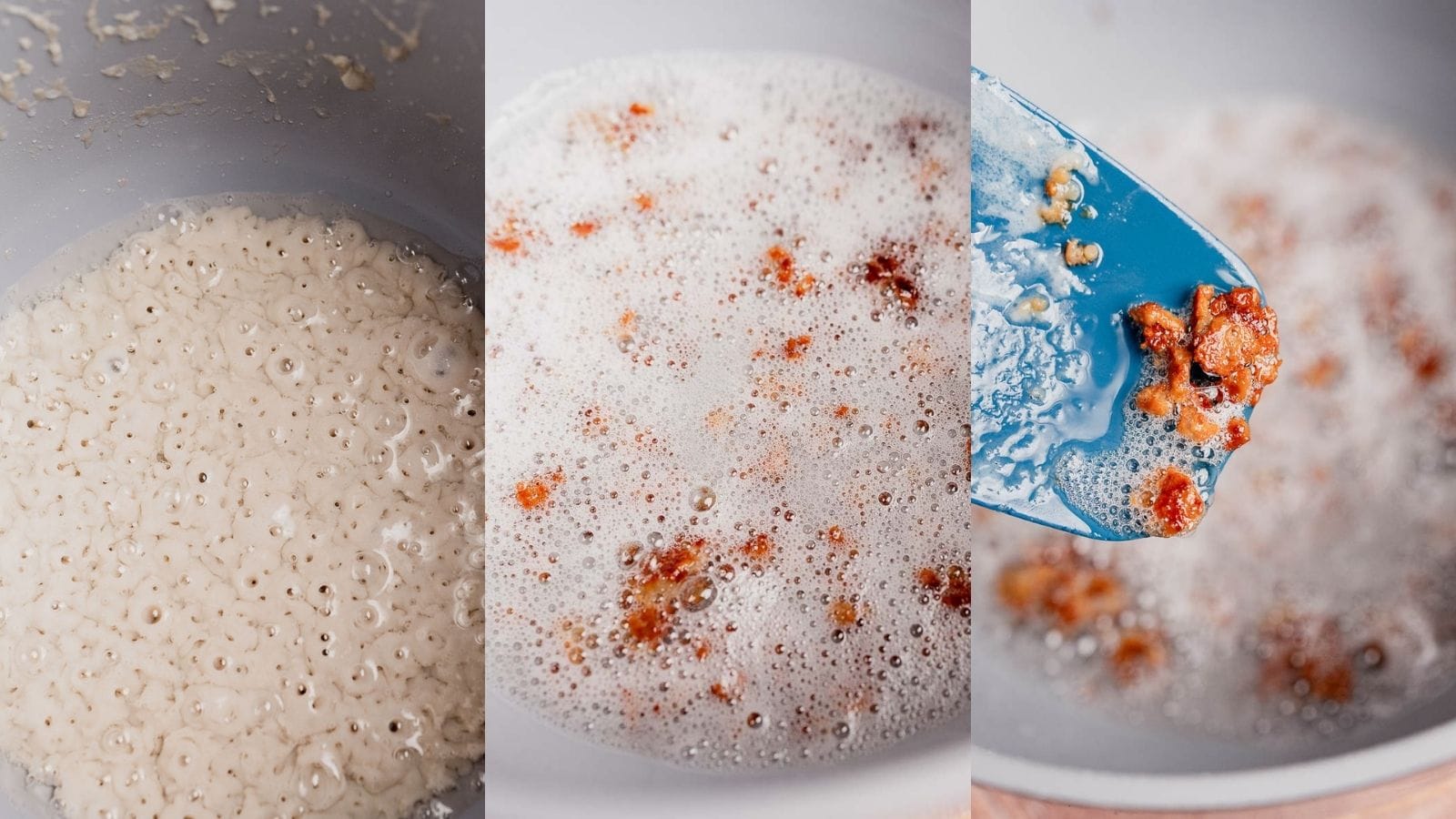 Three photos show stages of blooming active dry yeast in water—hydrated yeast, bubbling and foaming yeast, and a spoon lifting the foamy yeast mixture—an essential step when making breads or even treats like Arroz con Coco.