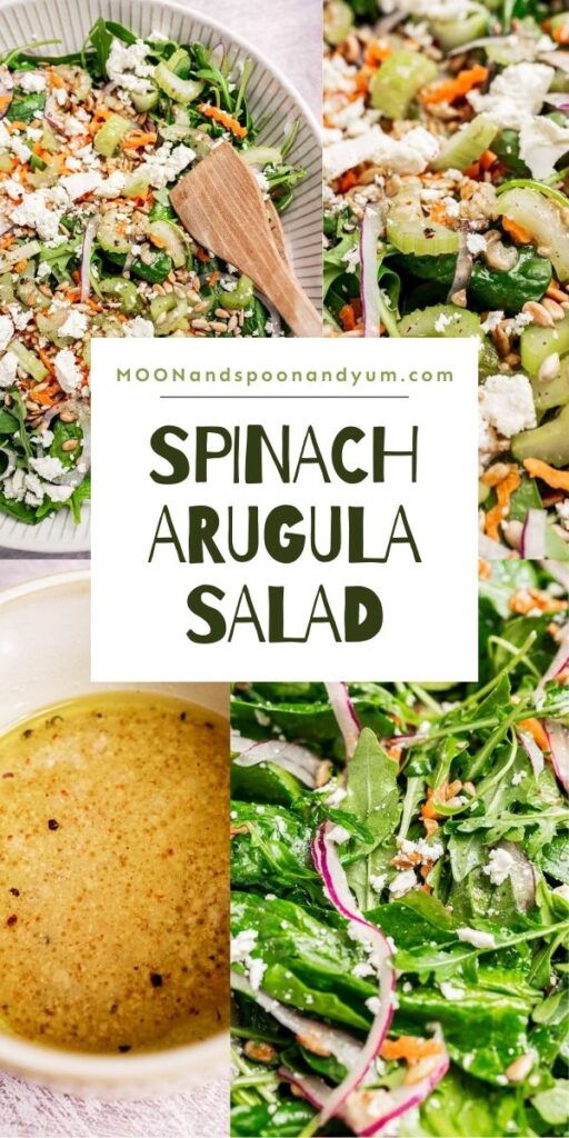 A collage featuring a fresh spinach and arugula salad with vegetables and feta cheese, a close-up of the colorful salad, a bowl of dressing, and the text "Spinach Arugula Salad.