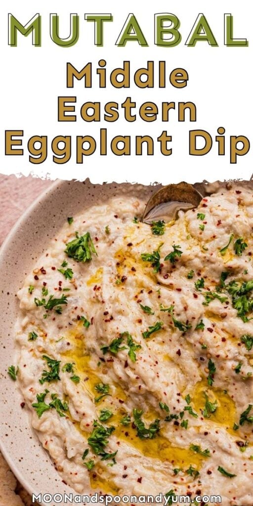 A bowl of mutabal, the classic Middle Eastern eggplant dip, is garnished with chopped parsley, olive oil, and spices, with a spoon inside the bowl.