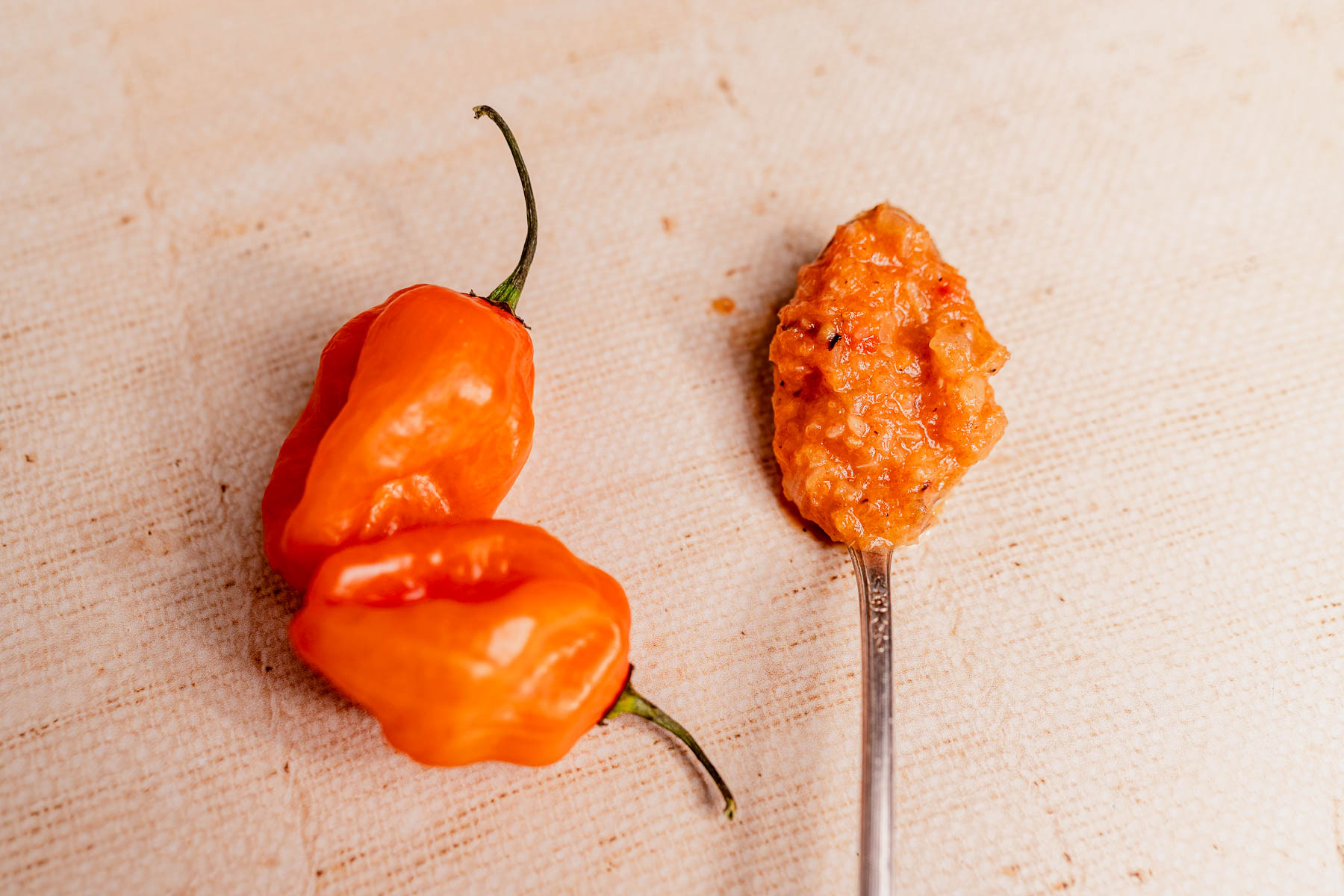 Two orange habanero peppers beside a spoonful of vibrant orange habanero salsa on a textured beige surface.