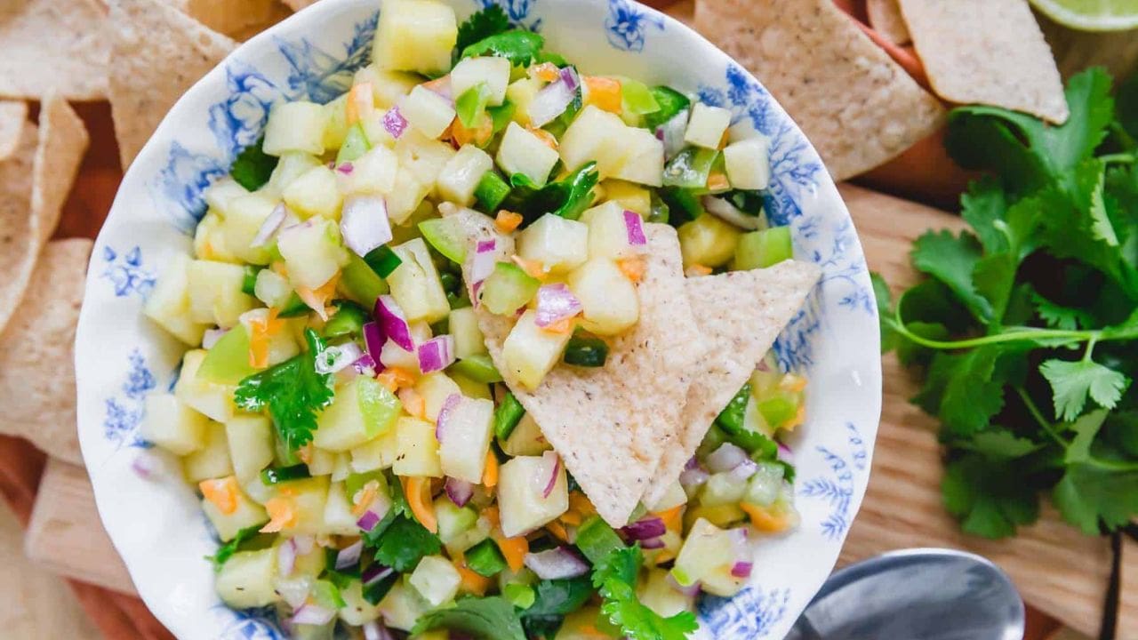 Pineapple habanero salsa in a bowl.