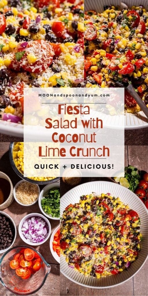 A colorful fiesta salad with corn, black beans, tomatoes, onions, and shredded coconut fills a large bowl, surrounded by salad ingredients in separate bowls. Text overlay describes the dish.