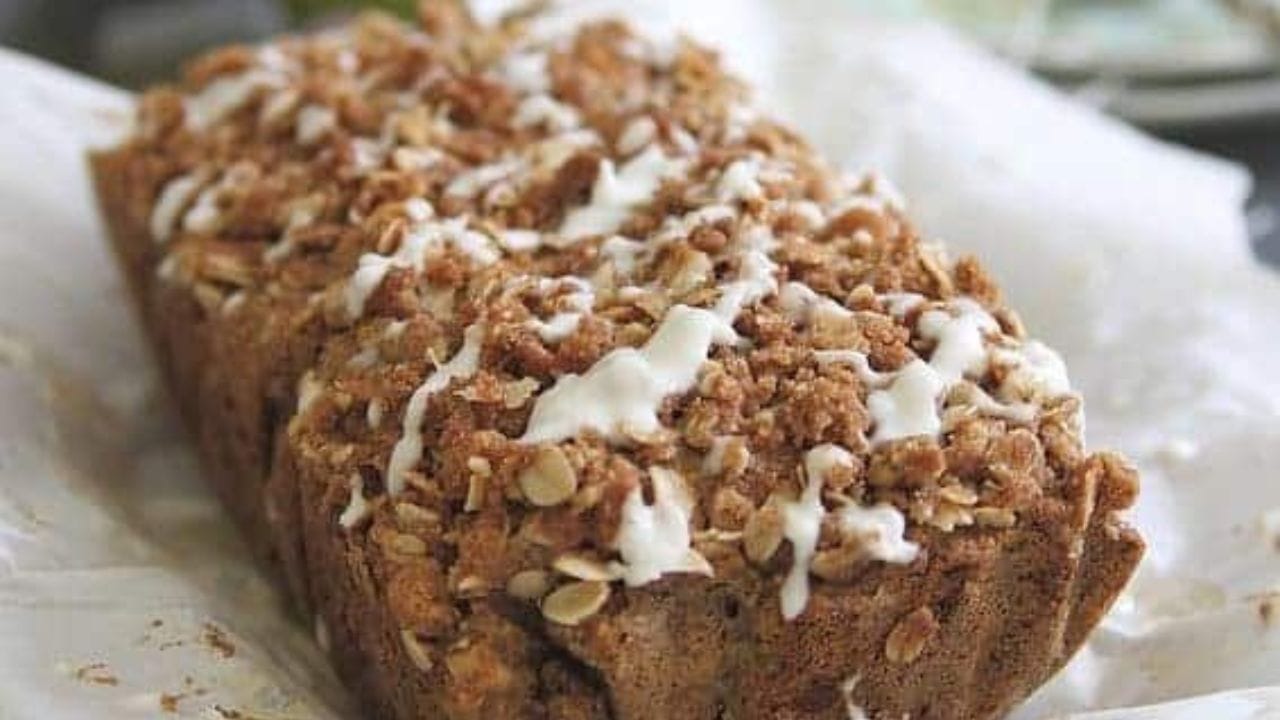 Apple streusel bread drizzled with icing.