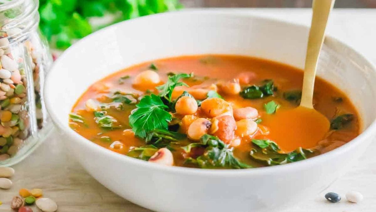 Instant Pot bean soup made with dried bean mix in bowls.
