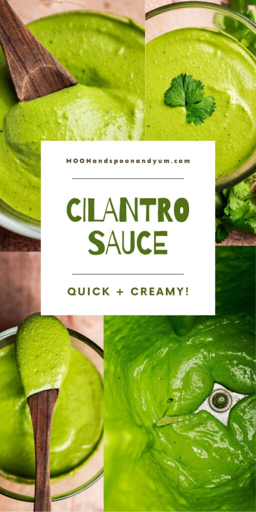 A collage featuring a bowl of creamy green cilantro sauce, garnished with a cilantro leaf, and a wooden spoon dipped in the vibrant cilantro sauce. Text in the center reads "Cilantro Sauce, Quick + Creamy!".