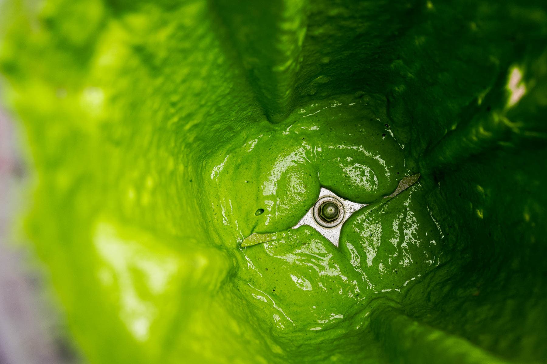 Top-down view of a vibrant green smoothie mixture, reminiscent of cilantro sauce, inside a blender with blades visible at the center.