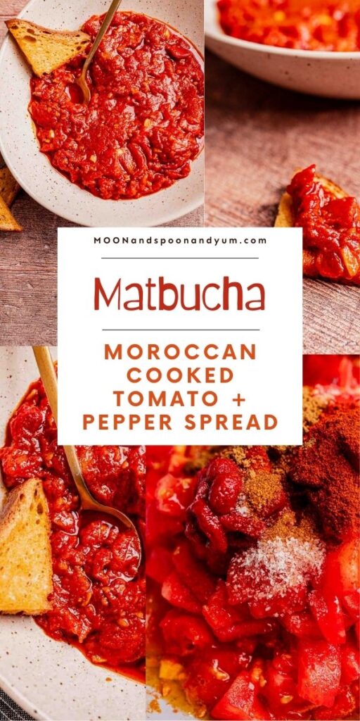 Collage featuring Moroccan Matbucha, a flavorful tomato and pepper spread, served in a bowl with a spoon alongside tortilla chips. Text in the center highlights this matbucha dish.