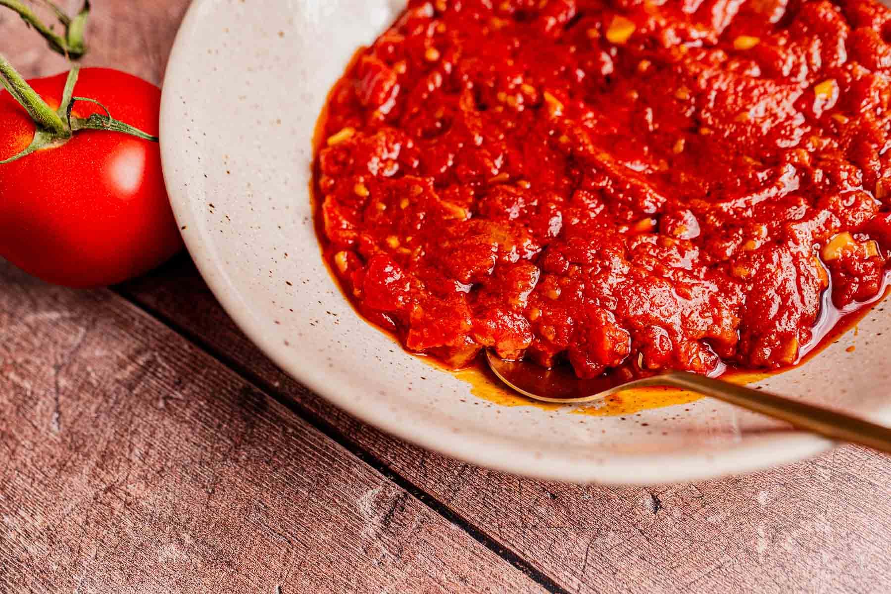 A bowl of chunky matbucha tomato sauce with a spoon sits on a wooden surface next to a whole tomato on the vine.