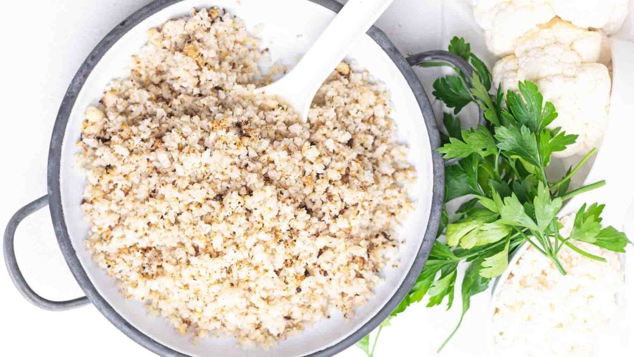 Frozen Cauliflower Rice baked and served on a plate.