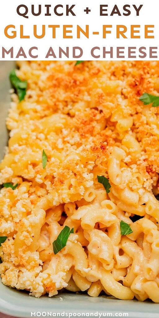 Close-up of gluten free mac and cheese topped with golden breadcrumbs and garnished with parsley.
