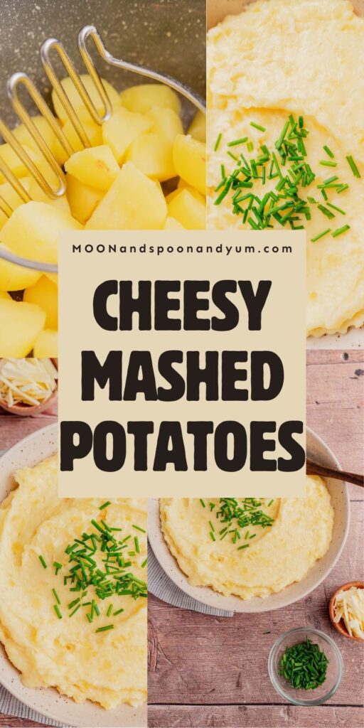 Cheesy mashed potatoes with chives, shown in preparation and served in a bowl on a wooden surface.