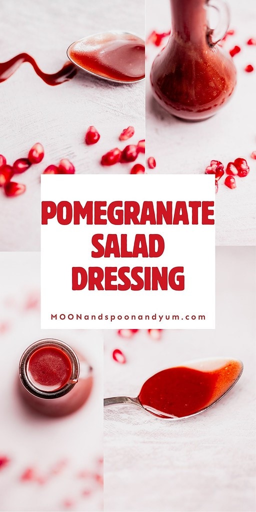 Four images of Pomegranate Salad Dressing in various containers and on a spoon, with scattered pomegranate seeds and the bold red text "Pomegranate Salad Dressing" create a vibrant, appetizing display.
