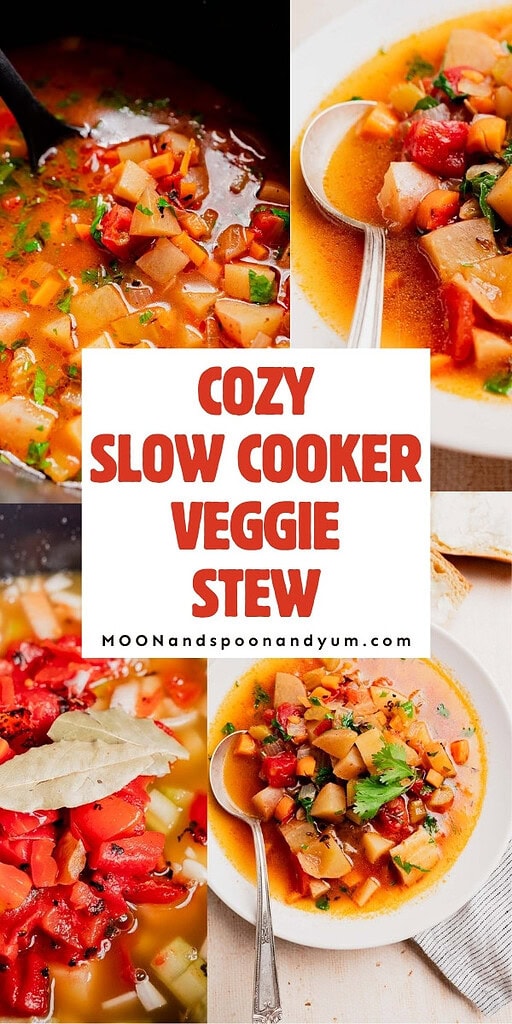 Collage of slow cooker vegetable stew in bowls and a slow cooker, with the text “Cozy Slow Cooker Veggie Stew” in the center.