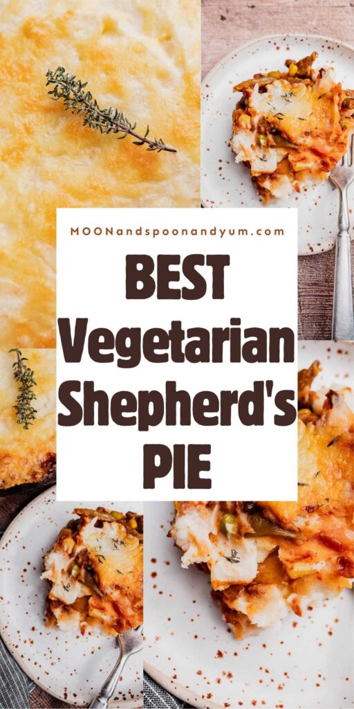 Overhead view of a delicious vegetarian shepherd's pie topped with melted cheese and fresh herbs, served on spotted plates with forks. Text overlay reads, "Best Vegetarian Shepherd's Pie.