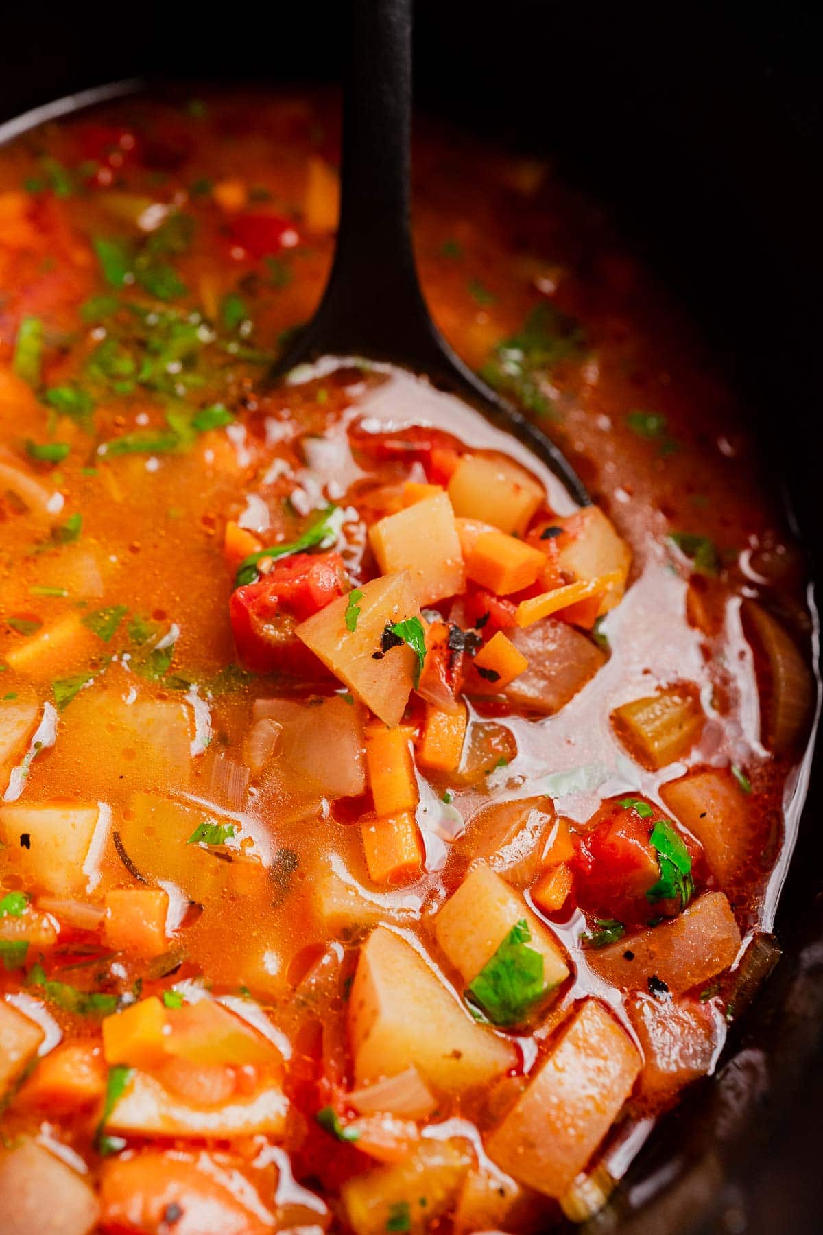 Close-up of a ladle lifting slow cooker vegetable stew with diced potatoes, carrots, tomatoes, and herbs in a rich red broth.