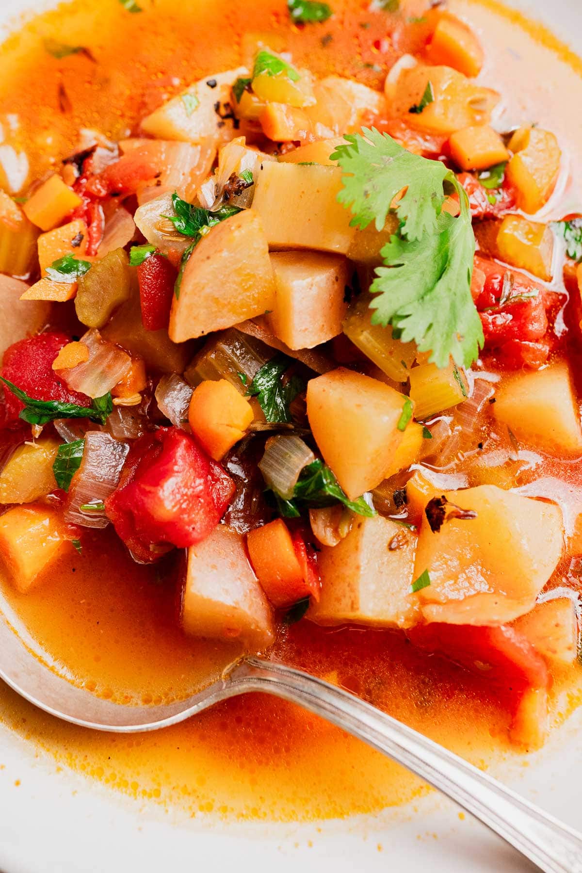 A close-up of a slow cooker vegetable stew with diced potatoes, carrots, tomatoes, onions, and cilantro garnish, served on a white plate with a spoon.
