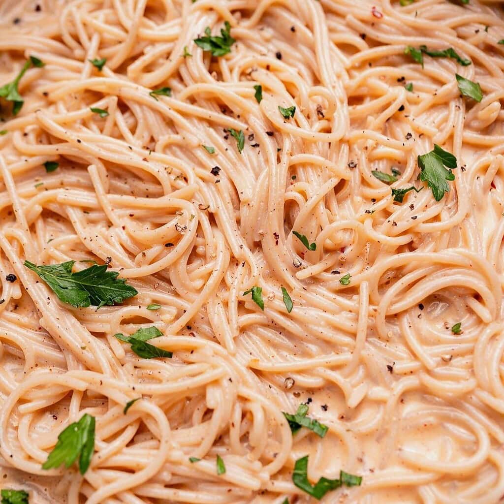 Close-up of cooked spaghetti in a creamy sauce, garnished with chopped parsley and cracked black pepper.