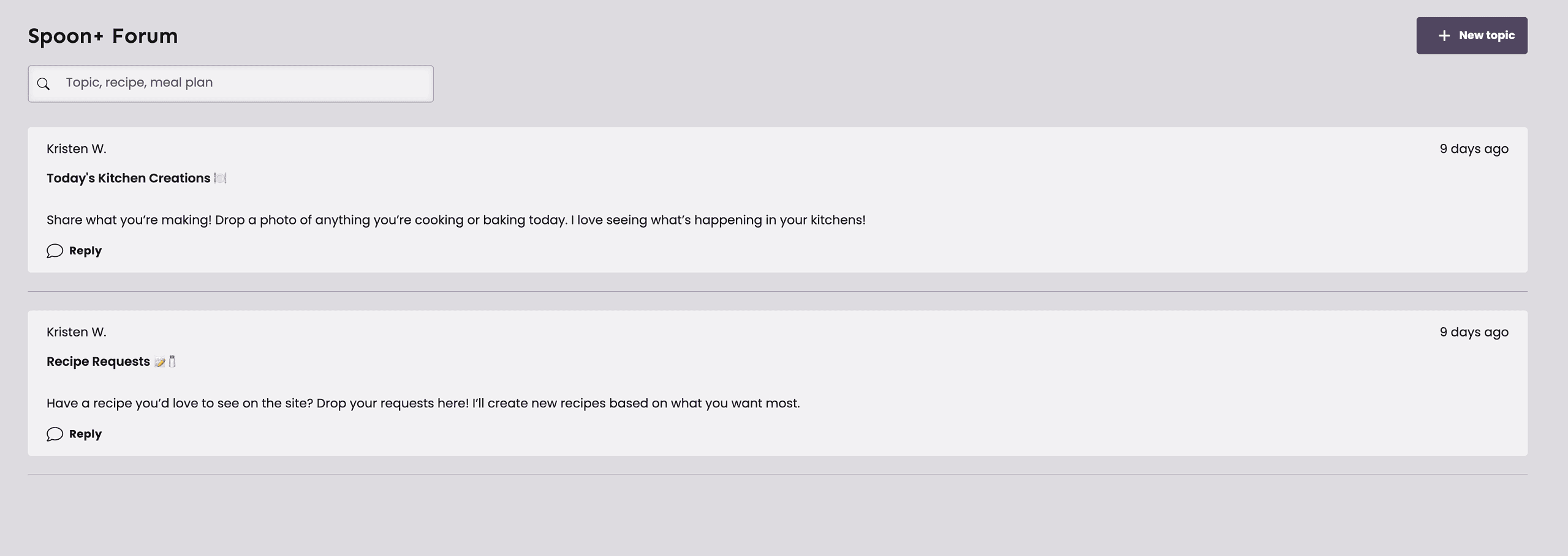 Screenshot of an online forum with two posts: one asking users to share their cooking activities, and another inviting recipe requests; both posts are by the same user.