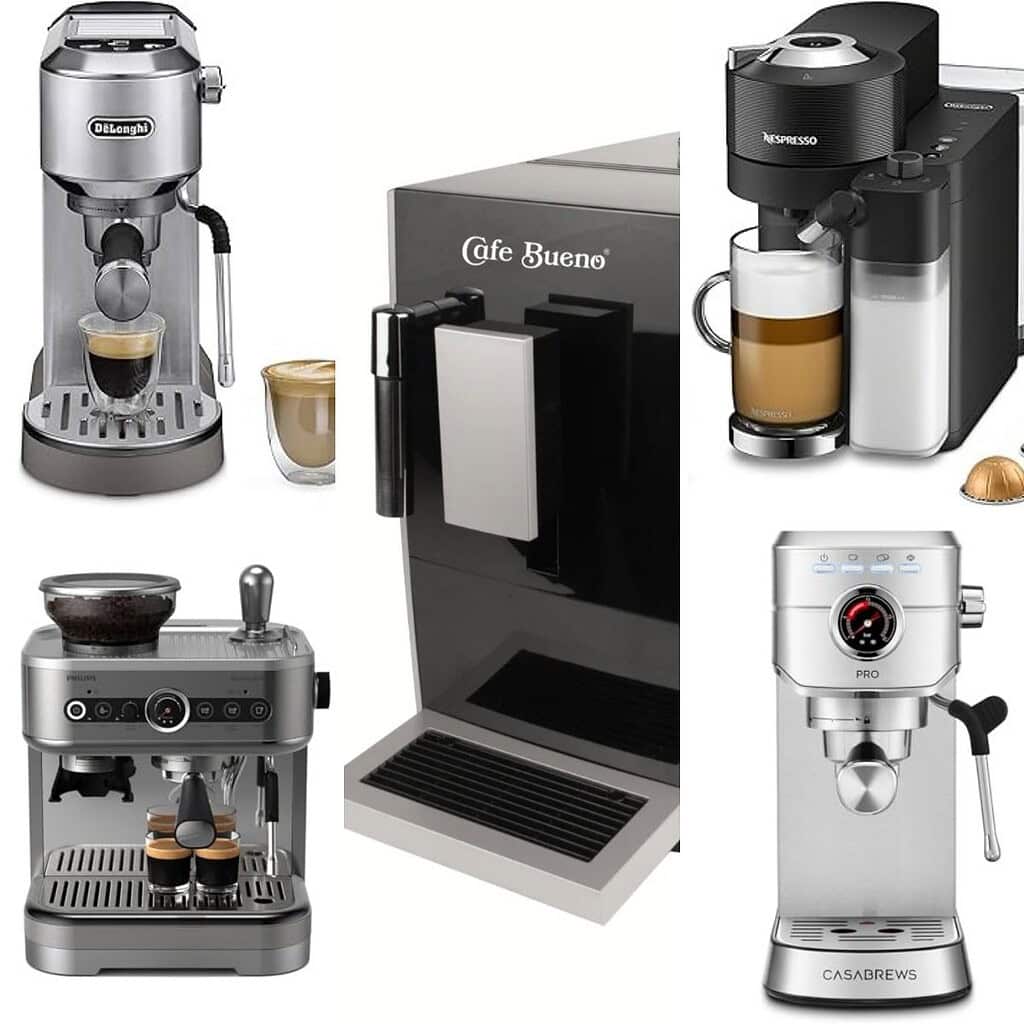 Collage of five different espresso machines, each with a cup of coffee or espresso placed nearby, showcasing various designs and features.