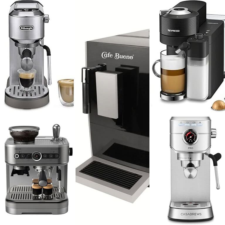 Collage of five different espresso machines, each with a cup of coffee or espresso placed nearby, showcasing various designs and features.