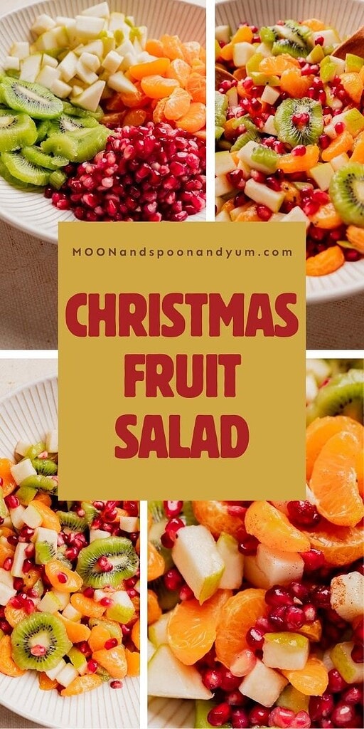 A festive bowl of Christmas fruit salad featuring kiwi, pomegranate seeds, orange segments, diced apples, and pears.