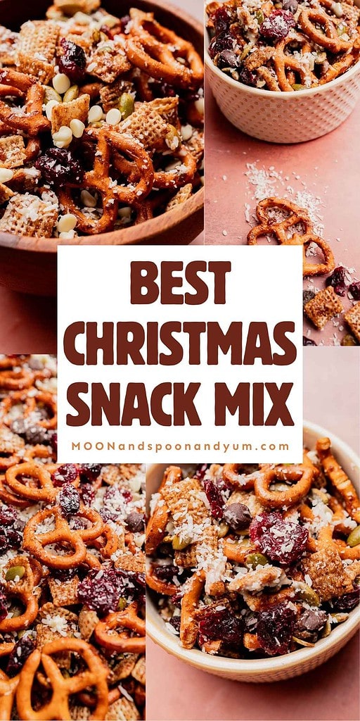 Close-up images of a festive christmas snack mix featuring pretzels, cereal pieces, chocolate chips, cranberries, pumpkin seeds, and shredded coconut in bowls. Text reads "Best Christmas Snack Mix.