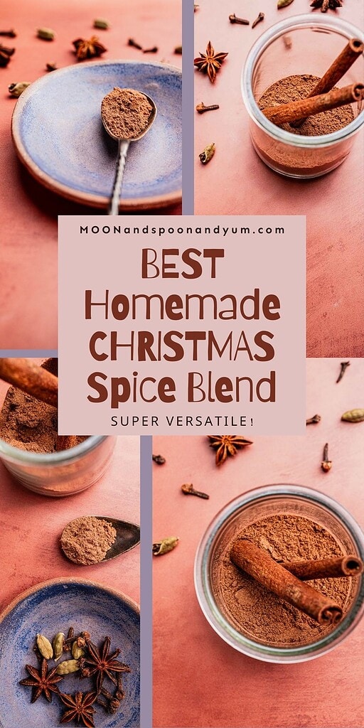 A jar and bowl of Christmas spice blend with cinnamon sticks, star anise, and cardamom on a pink surface, shown from various angles with text overlay about a homemade Christmas spice blend recipe.