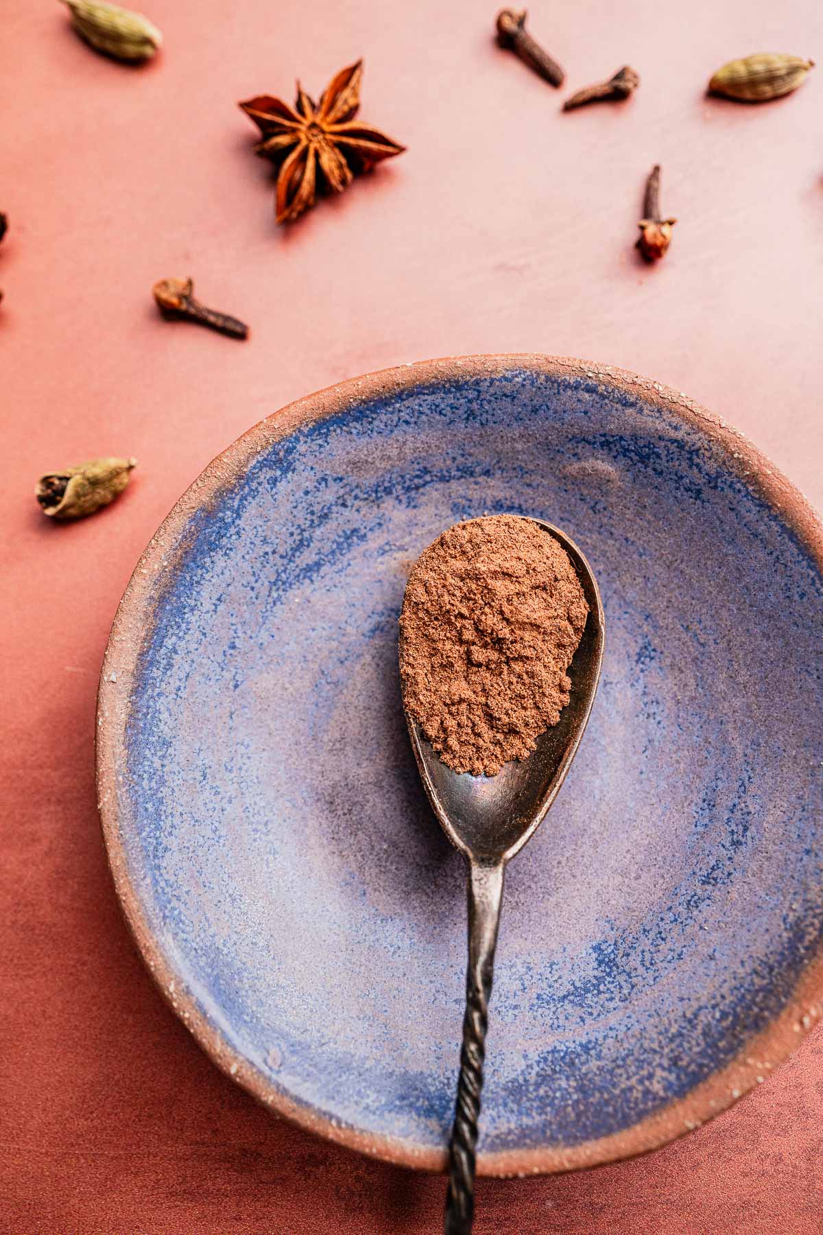 A spoonful of Christmas spice blend rests on a blue ceramic plate, with whole spices such as star anise, cloves, and cardamom scattered on a rust-colored surface.