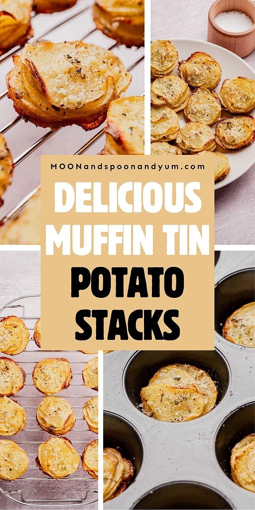 Collage of golden baked muffin tin potatoes stacked in muffin tins and cooling racks, seasoned with herbs and salt. Text overlay reads "Delicious Muffin Tin Potato Stacks.