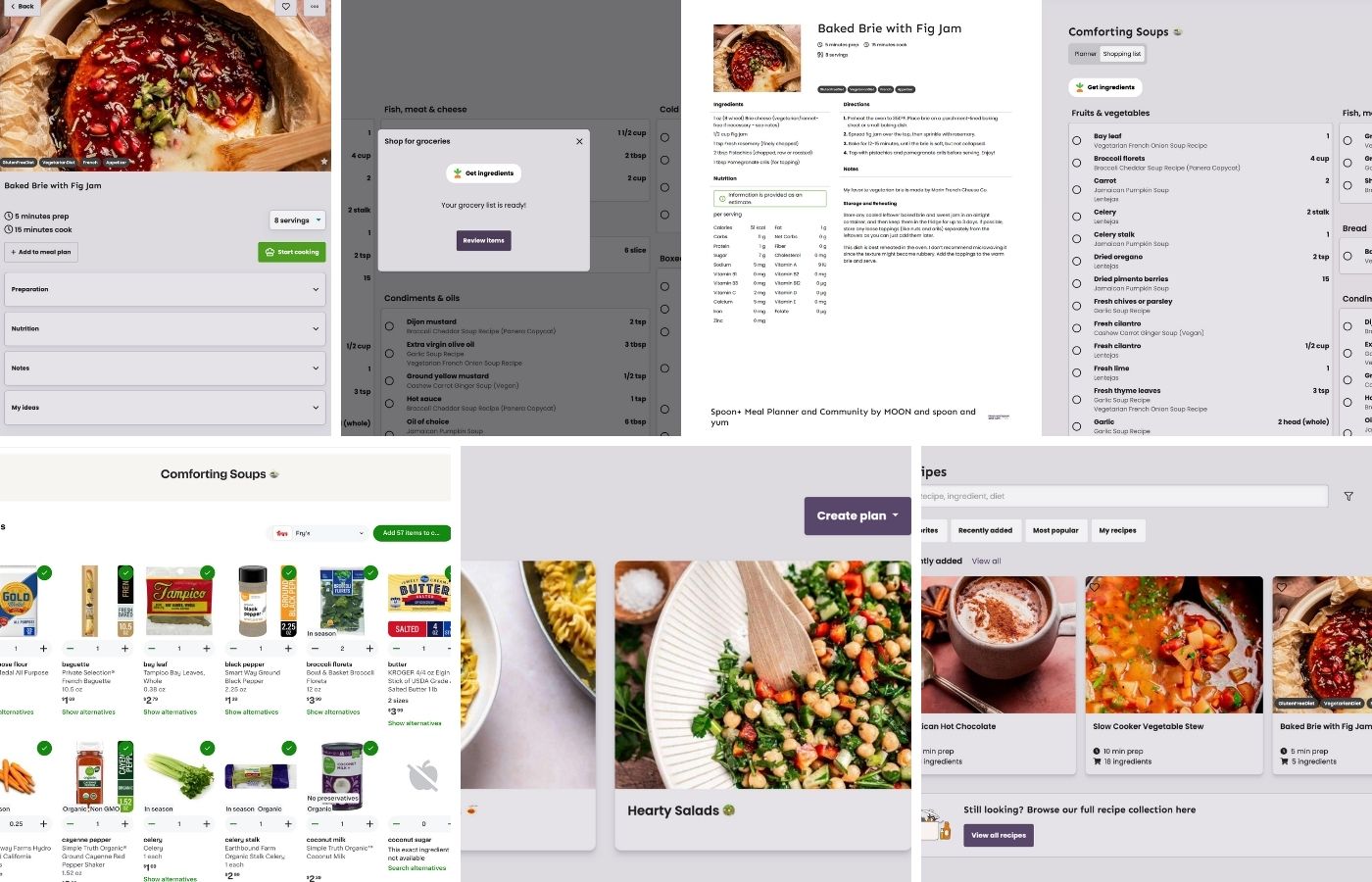 A collage showing various recipe and meal planning website interfaces, including ingredient lists, nutrition facts, meal photos, and grocery shopping options.