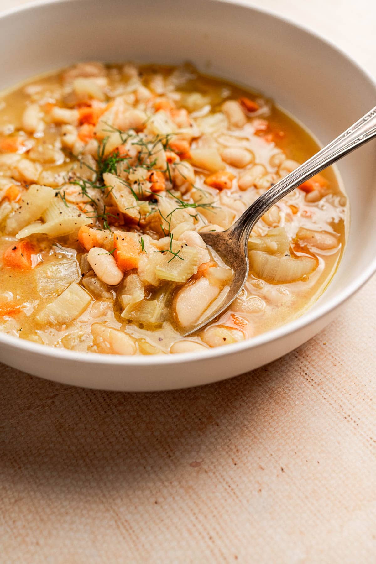 A close-up of a bowl of Tuscan white bean soup with vegetables and a spoon, garnished with fresh herbs.