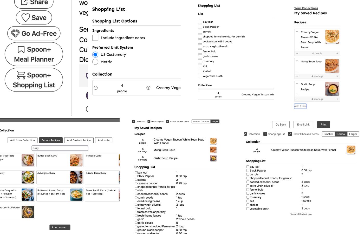 Screenshot collage of a recipe website’s shopping list and saved recipe features, displaying lists, ingredient checkboxes, and collection management options in various layouts.