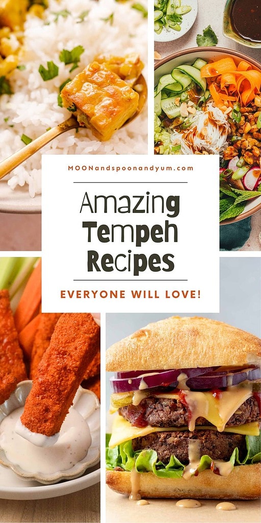 A collage of tempeh dishes including rice with tempeh, a salad, tempeh fries with dip, and a burger, with text: "Amazing Tempeh Recipes Everyone Will Love!.
