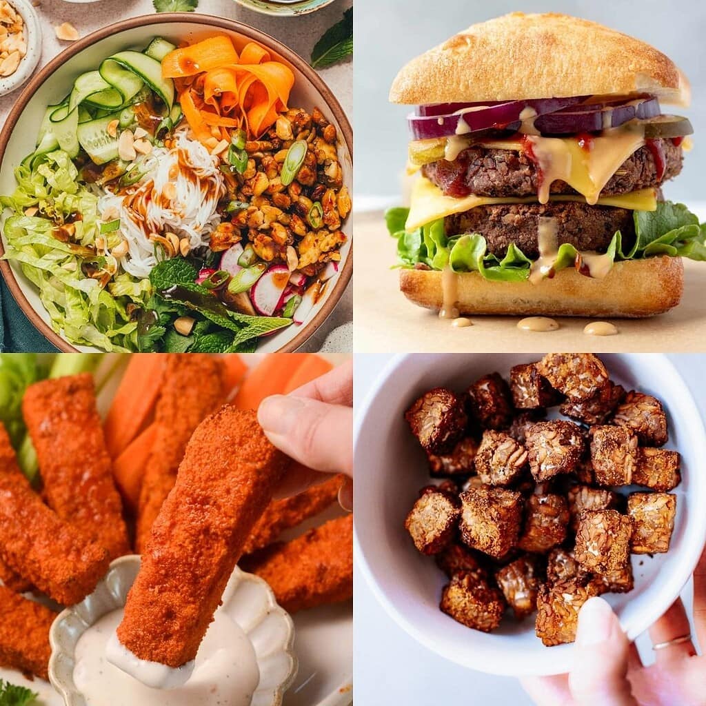 A collage of four vegan dishes: a vegetable noodle bowl, a double veggie burger, breaded sticks with dip, and a bowl of cubed, seasoned tofu.