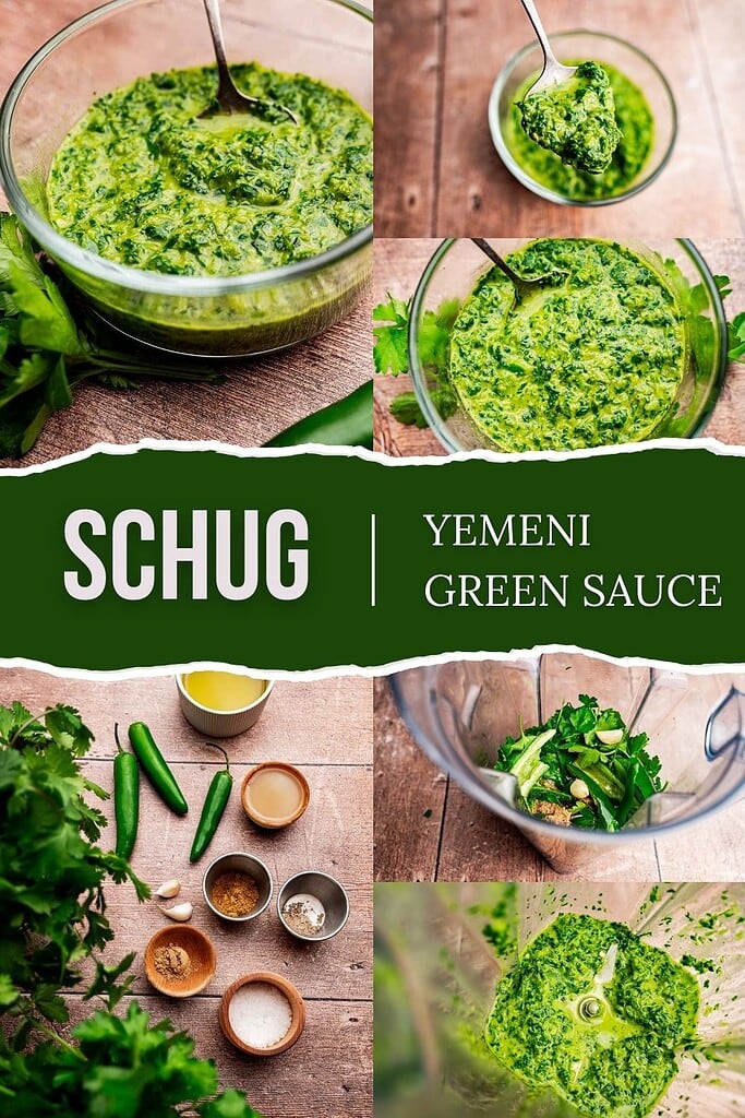 A collage featuring schug, the vibrant Yemeni green sauce, in a bowl and blender, with fresh cilantro, chili peppers, garlic, lemon, oil, and spices artfully arranged on a table.