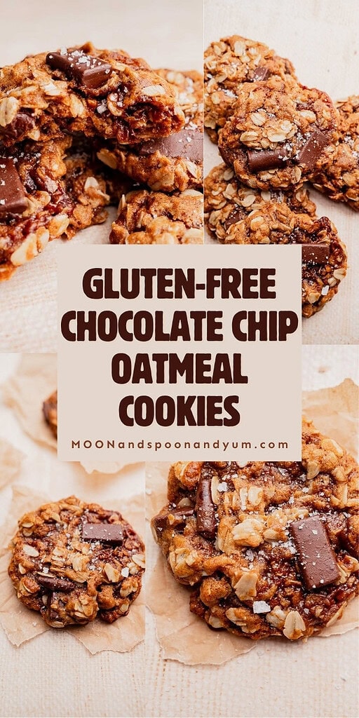 A collage of gluten free oatmeal chocolate chip cookies on parchment paper, with a text overlay reading "Gluten-Free Chocolate Chip Oatmeal Cookies.
