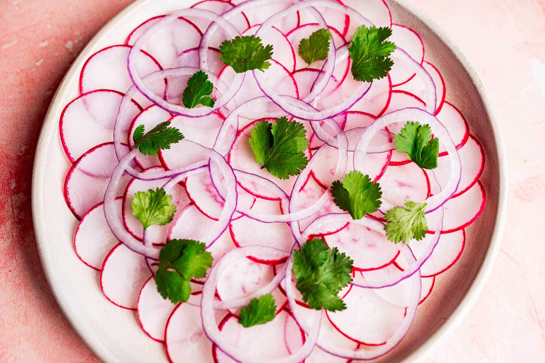 A vibrant radish salad featuring thinly sliced radishes and red onions, artfully arranged in overlapping circles and finished with fresh cilantro leaves.