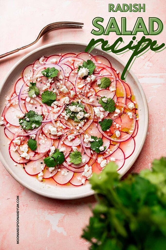 A plate of thinly sliced radishes topped with crumbled cheese, cilantro leaves, and dressing makes this vibrant radish salad. A fork rests beside the plate on a pink surface. Text reads "Radish Salad Recipe.