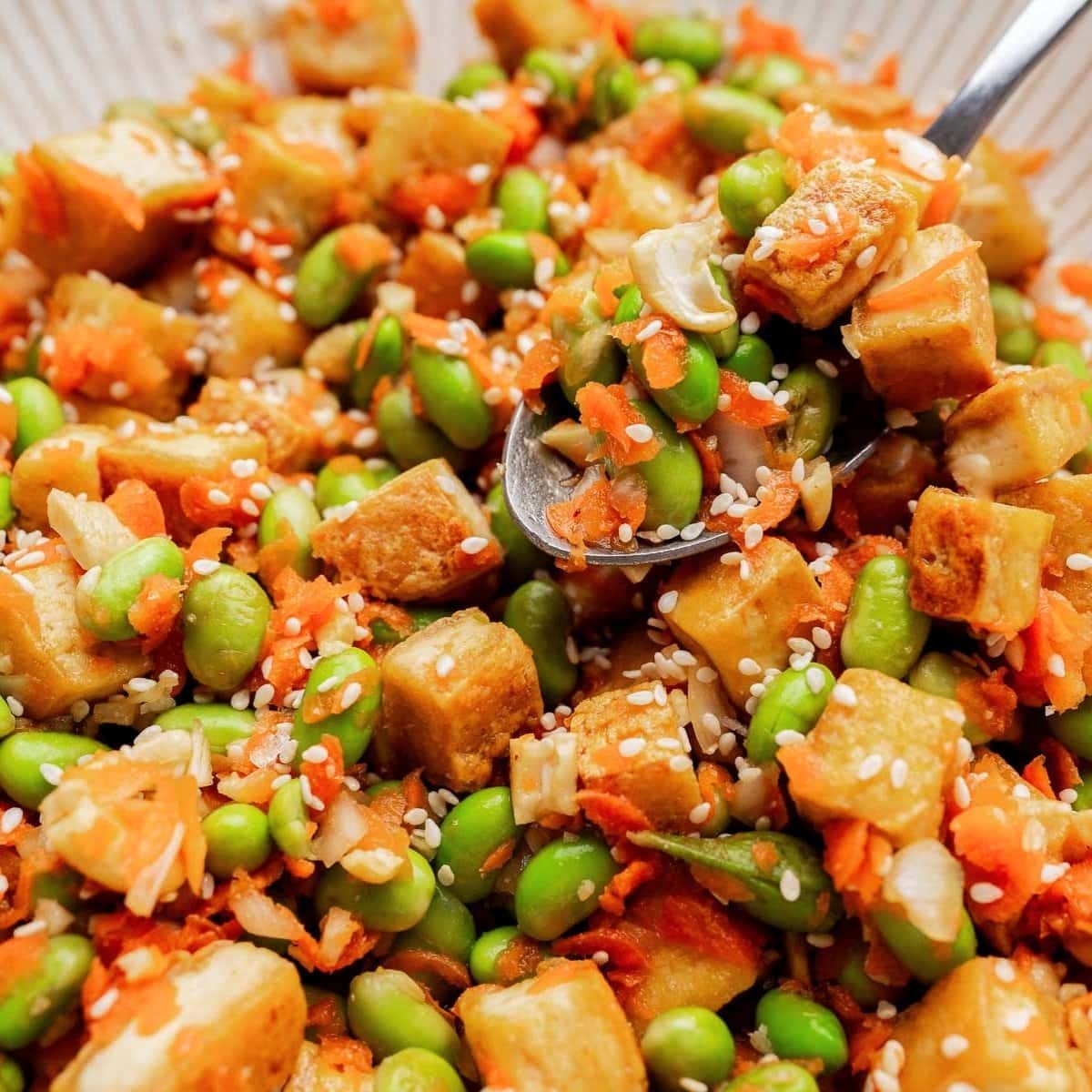 Close-up of a tofu edamame salad featuring diced tofu, edamame, shredded carrots, green onions, and sesame seeds, with a spoon scooping a portion.