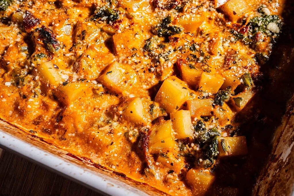 Close-up of a baked dish featuring cubed potatoes, wilted greens, and a creamy, orange-colored sauce—an irresistible take on marry me potatoes—in a white casserole dish.