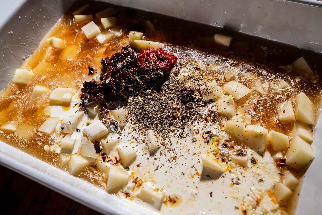 Cubed potatoes in a baking dish with cream, broth, tomato paste, dried herbs, and seasoning—these marry me potatoes are ready to be mixed for cooking.