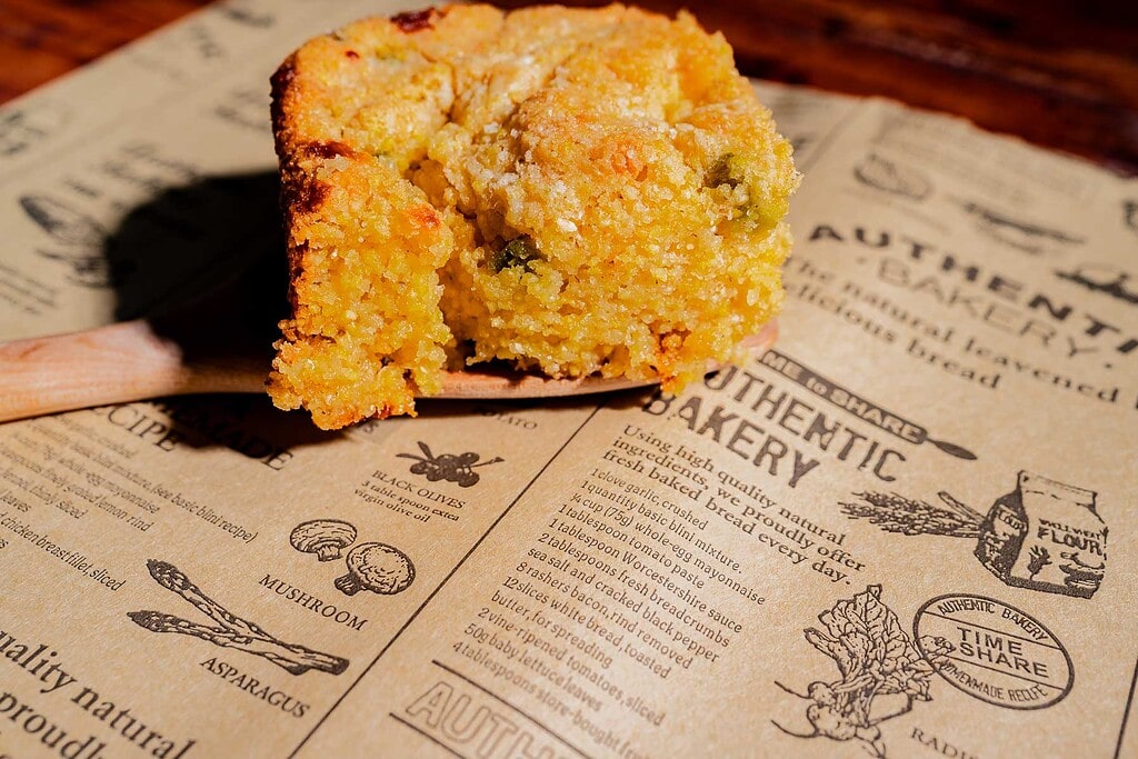 A wooden spatula holds a piece of cornbread with visible corn and green peppers, placed on printed parchment paper with text and illustrations.