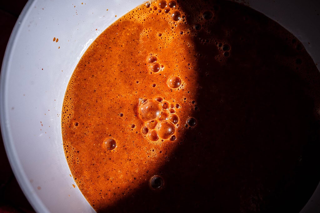 A close-up of jackfruit birria, its reddish-brown liquid with bubbles on the surface, partially shaded inside a white bowl.